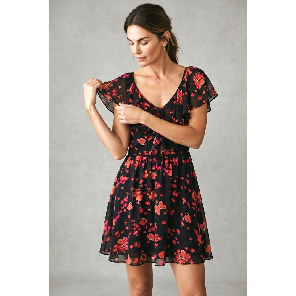 Betsey Johnson Black Floral Chiffon Dress Size 12 Ruffle Sleeve Fit & Flare EUC!